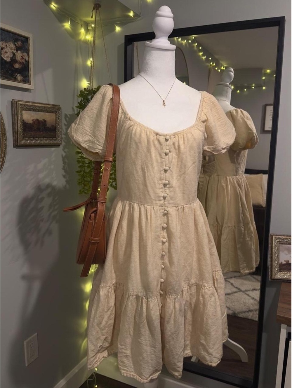 American Eagle Cream Linen Blend Cottage Dress 🤍